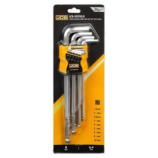 Haбир Г-подоб. ключей удлиненных с шаром HEX 9 ед. (1,5-10 мм) JCB Tools JCB-5093XLB 59314 фото